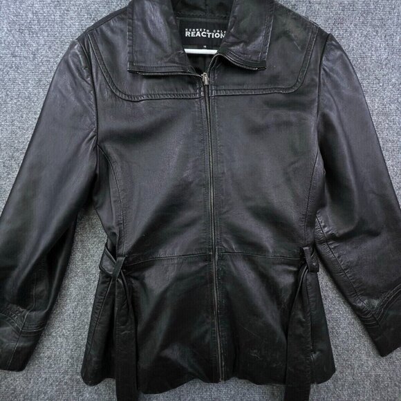 Kenneth Cole Reaction Black Leather Jacket Pockets Size Medium Zip Up Belted - Picture 1 of 15
